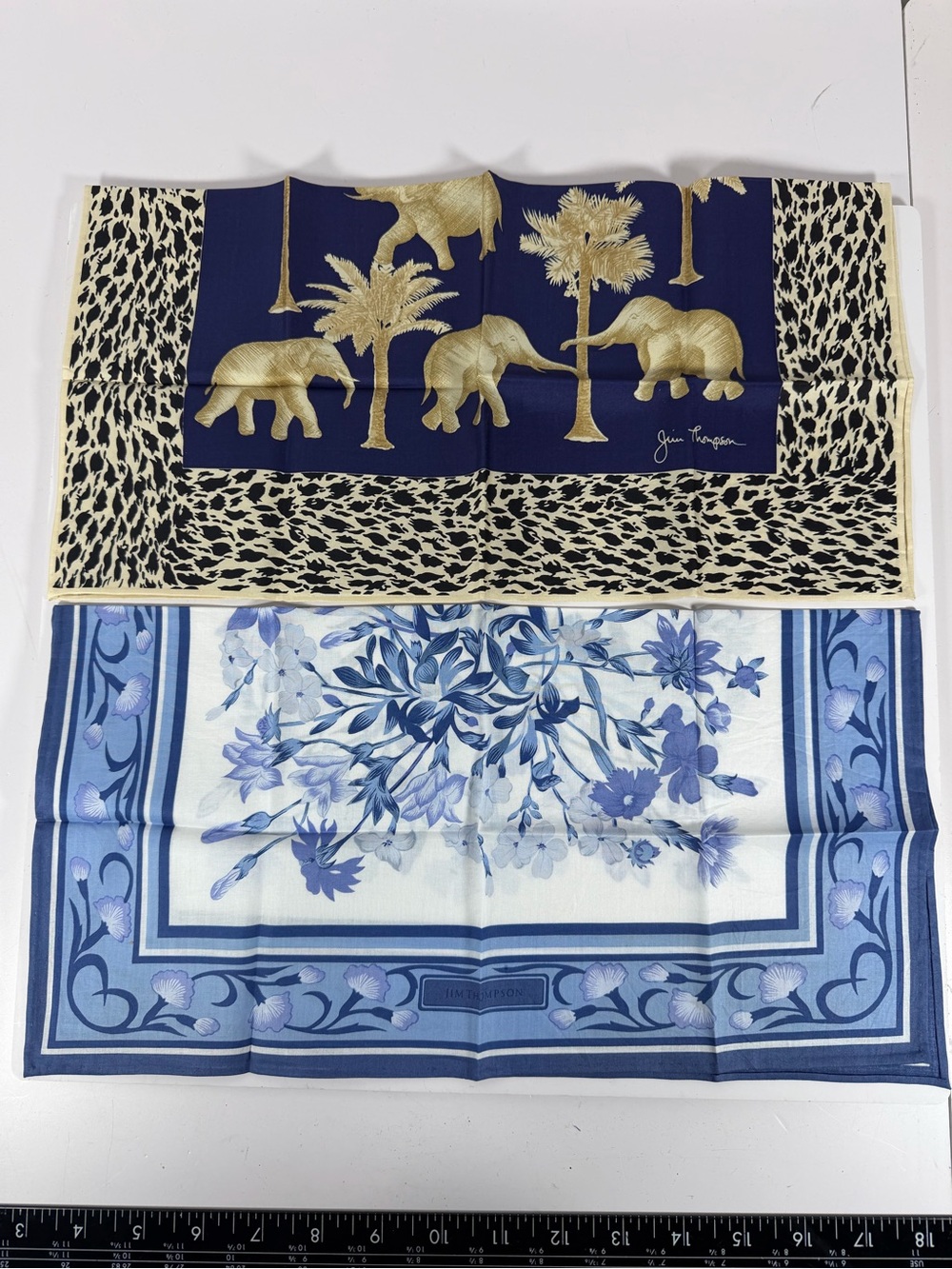 Jim Thompson Silk Scarf Lot of 2 Elephant Floral Blue Thailand